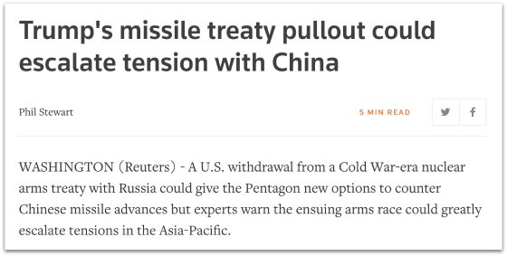 Trump's missile treaty pullout could escalate tension with China