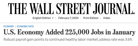 WSJ U.S. Economy Adds 225,000 Jobs January 2020