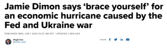 Jamie Dimon says 'brace yourself' for an economic hurricane caused by the Fed and Ukraine war June 1, 2022
