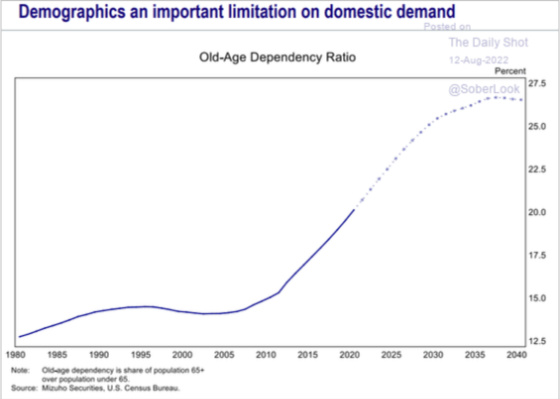 Demographics an important limitation on domestic demand Old-Age Dependency Ration 1980 - 2040