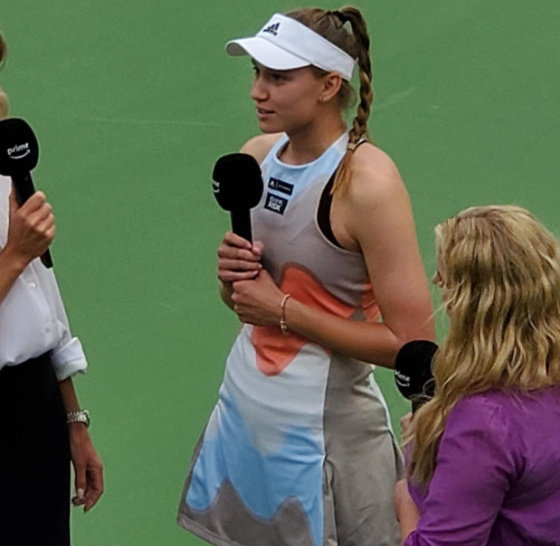 Rybakina being interviewed after winning BNP Paribas Open tennis tournament in Indian Wells 2023