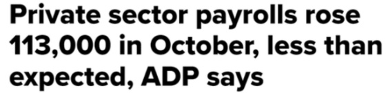 Private sector payrolls rose 113,000 in October, less than expected, ADP says