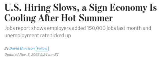 US Hiring Slows, a sign economy is cooling After Hot Summer. November 3, 2023