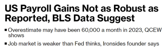 US Payroll Gains Not as Robust as Reported, BLS Data Suggest - Over estimate may have been 60,000 a month in 2023