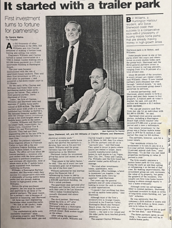It started with a trailer park - Article Bill Williams Steve Sherwood