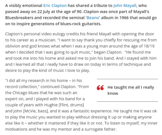 A visibily emotional Eric Clapton shared a tribute to John Mayall died July 22 at 90