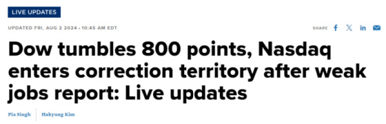 August 2, 2024 Dow tumbles 800 points, Nasdaq enters correction territory