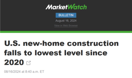 U.S_ new-home construction falls to lowest level since 2020 August 16, 2024