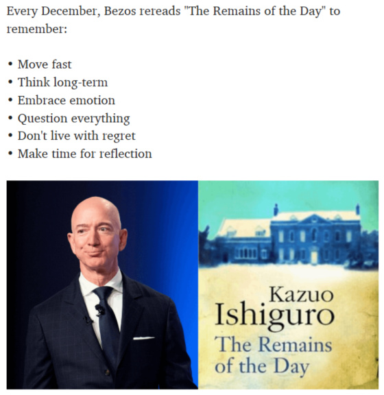 Jeff Bezos reads The Remains of the Day Kazuo Ishiguro in December