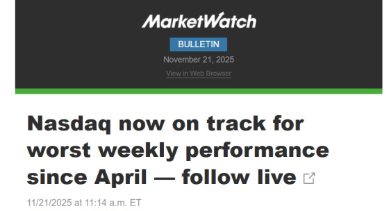Nasdaq now on track for worst weekly performance since April November 21, 2025
